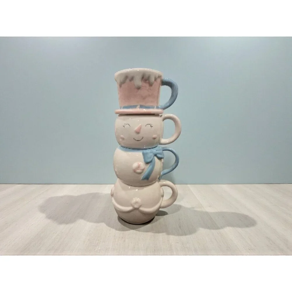New Pink Frosty The Snowman Candy Lane Christmas 4 Stacking Coffee Tea Mug Cup
